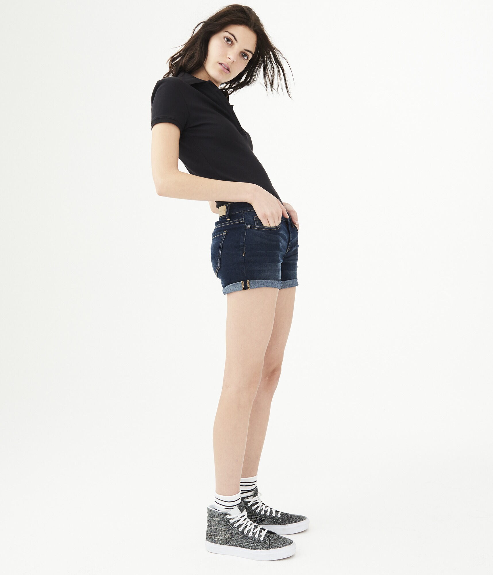 Dark Wash Cuffed Denim Midi Shorts