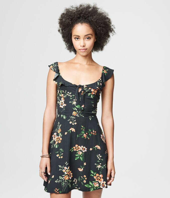 Floral Scoop-Neck Tie-Front Fit & Flare Dress