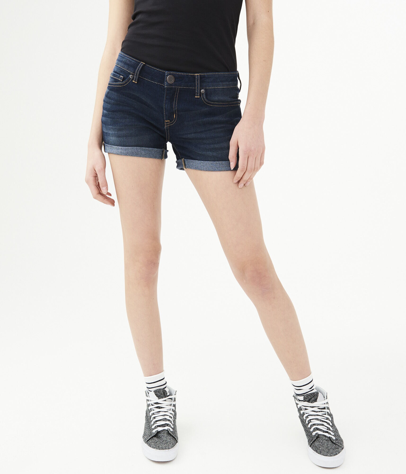 Dark Wash Cuffed Denim Midi Shorts