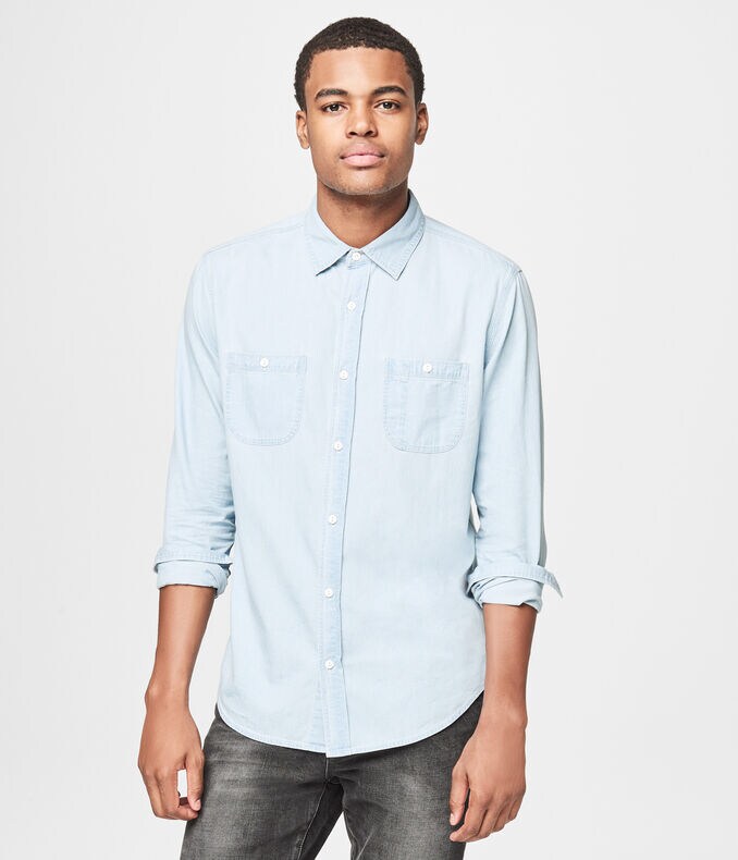 Long Sleeve Light Wash Workwear Woven Shirt