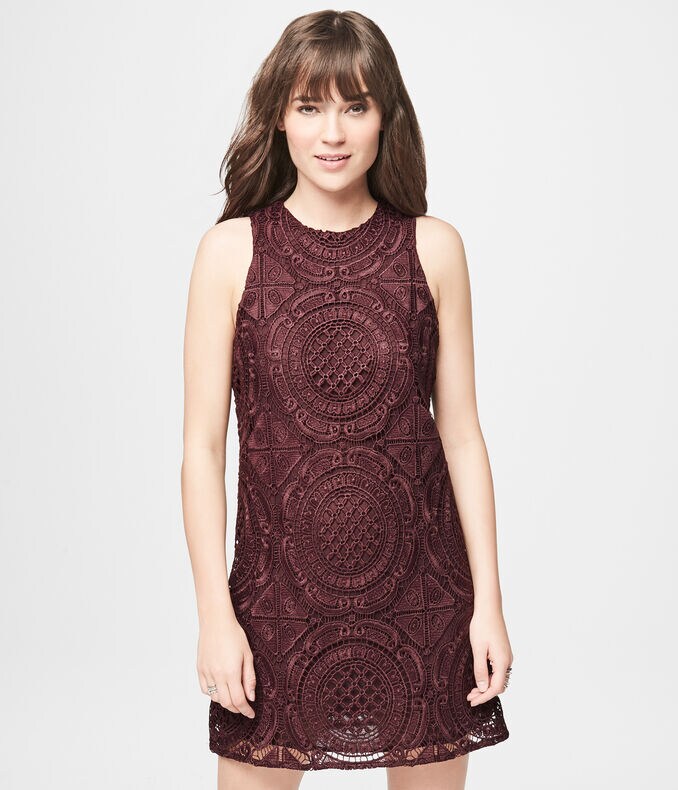 Solid High-Neck Lace Shift Dress