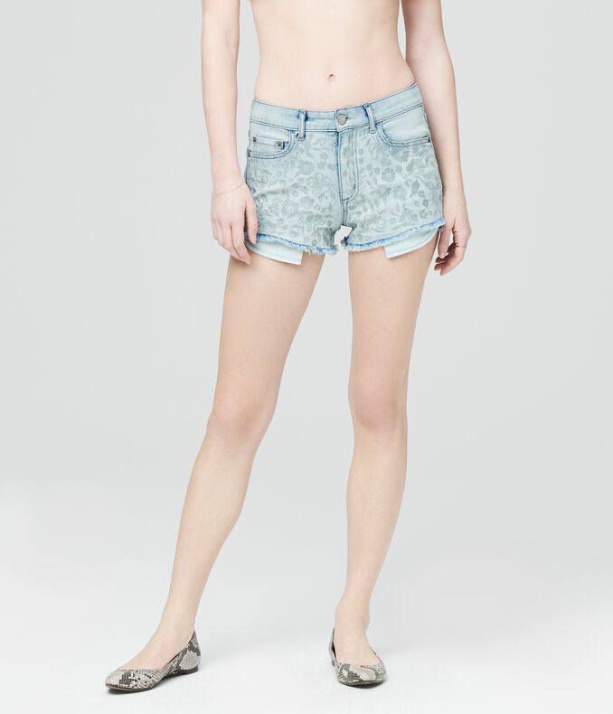 High-Waisted Embroidered Floral Light Wash Denim Shorty Shorts