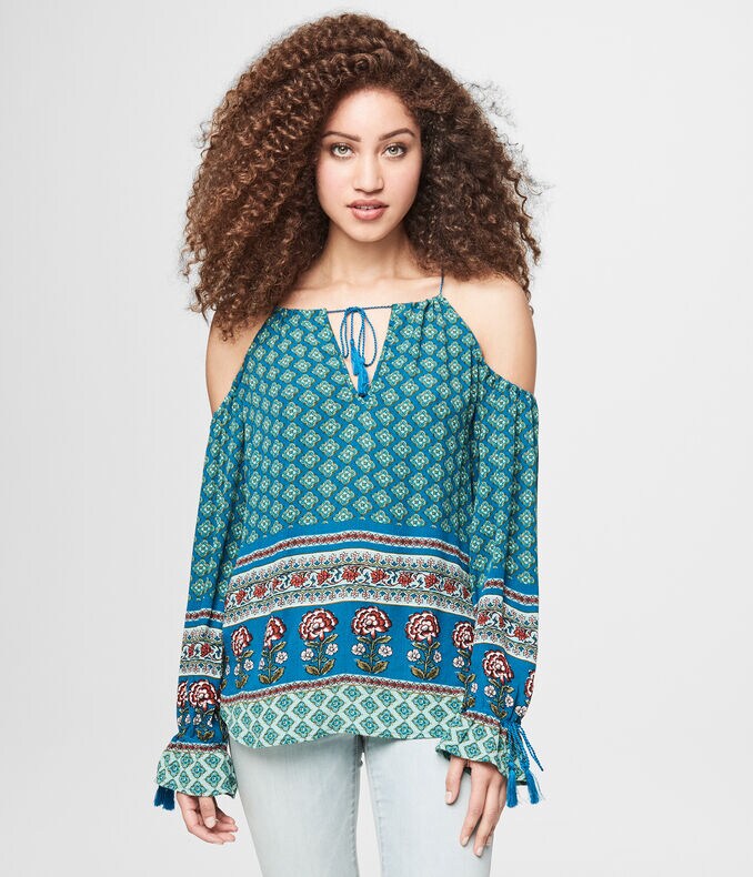 Printed Cold Shoulder Peasant Top