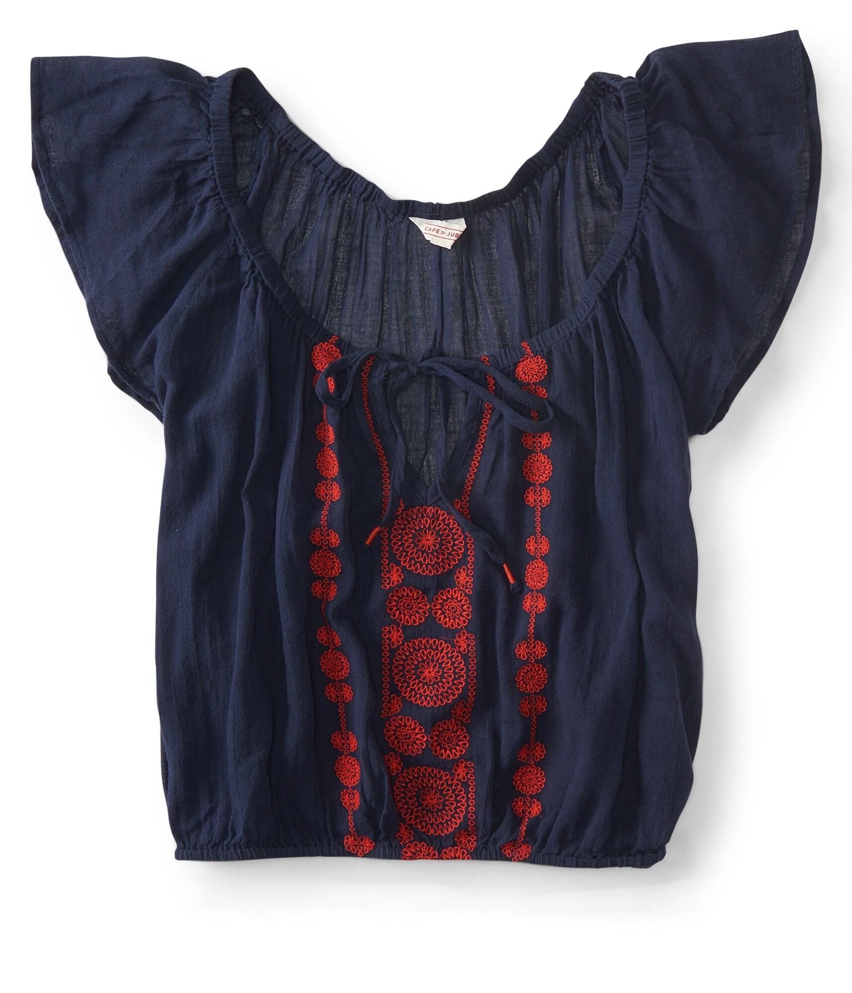 Image of Aeropostale Cape Juby Embroidered Ruffle Cropped Peasant Top - Classic Navy, XSmall