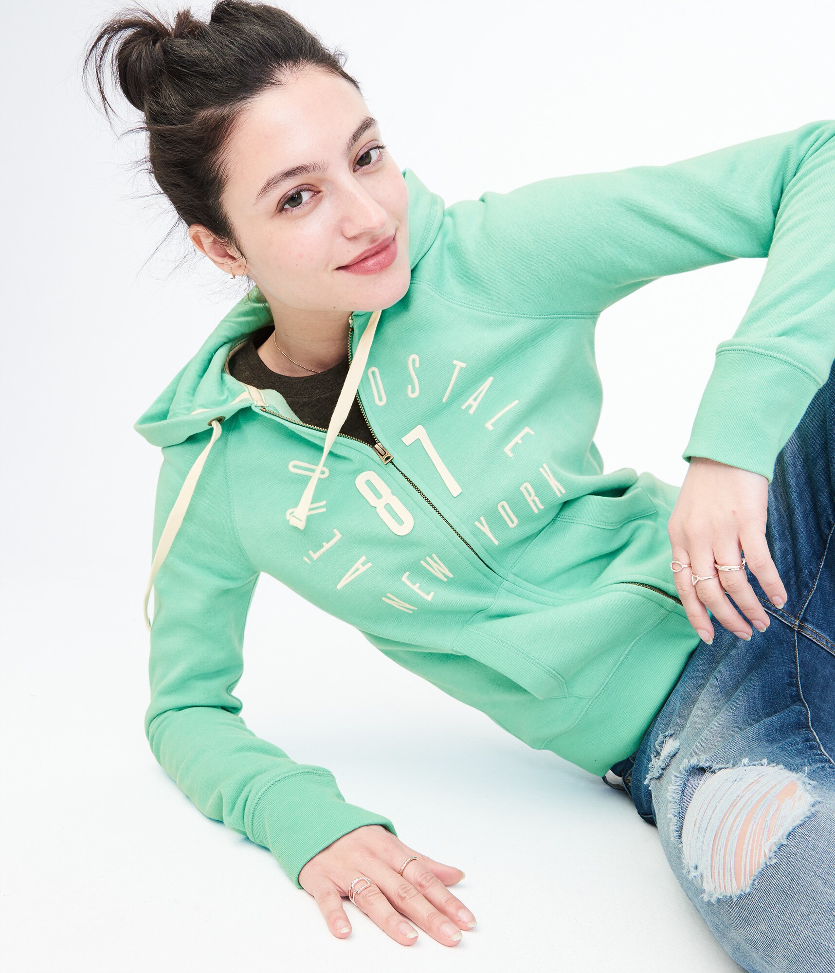 Image of Aeropostale Aero  Arch Full-Zip Hoodie - Aqua, Medium