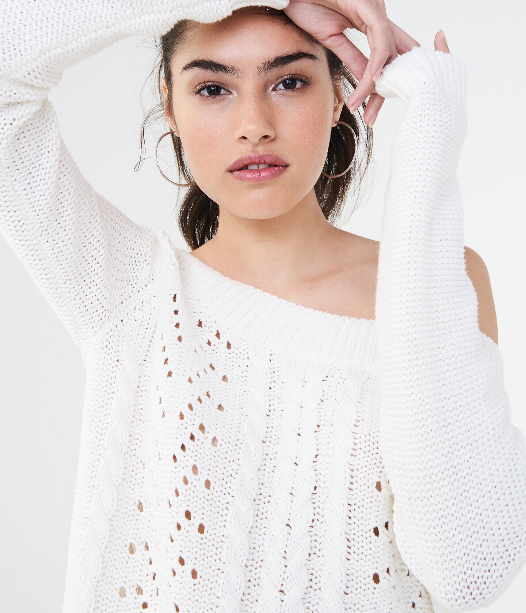 Solid Off-The-Shoulder Cable Sweater