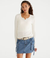 Long Sleeve Waffle Notch-Neck Shrunken Tee