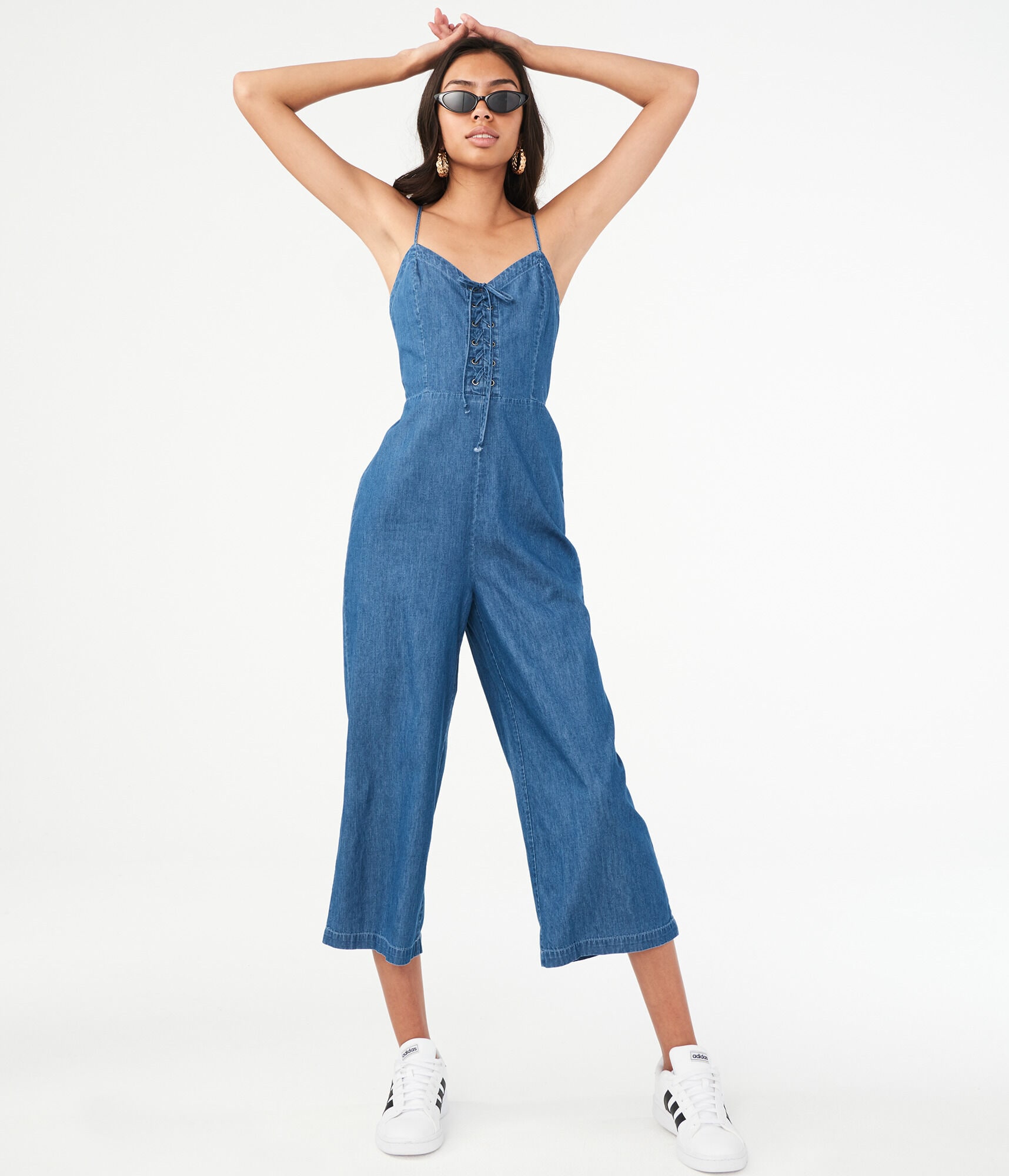 Lace up denim jumpsuit clearance