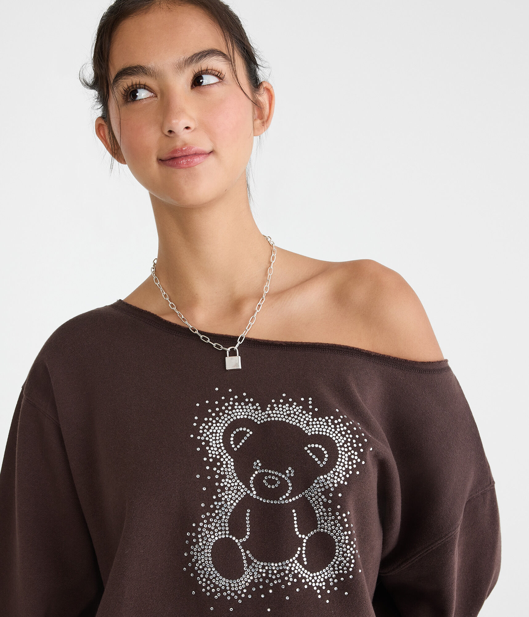 Cloud Soft Rhinestone Teddy Off-The-Shoulder Sweatshirt