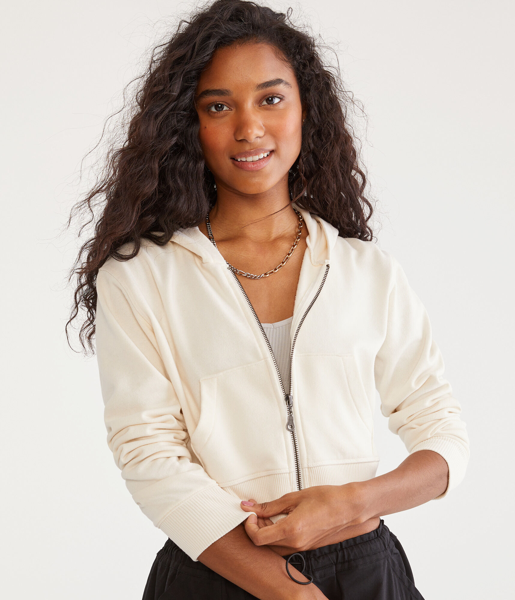 Solid Cropped Full-Zip Hoodie