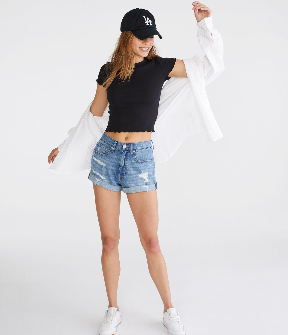 High-Rise Stretch Denim Mom Shorts
