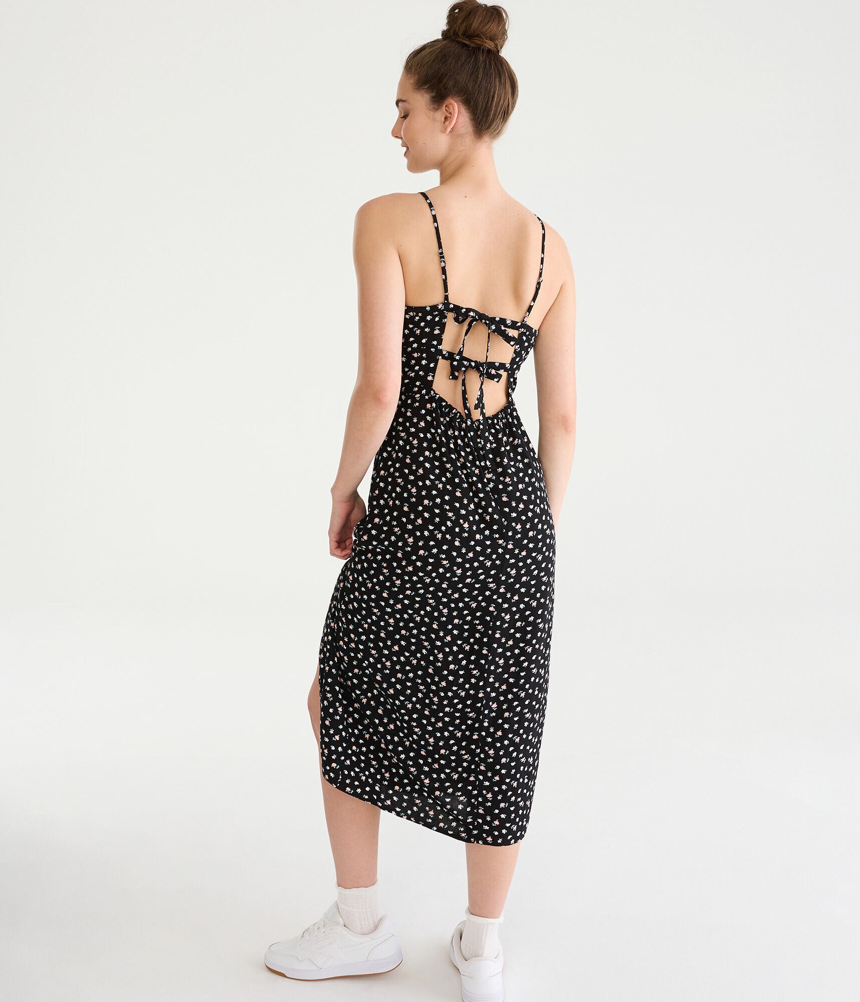 Floral Scoop-Neck Tie-Back Bustier Midi Dress