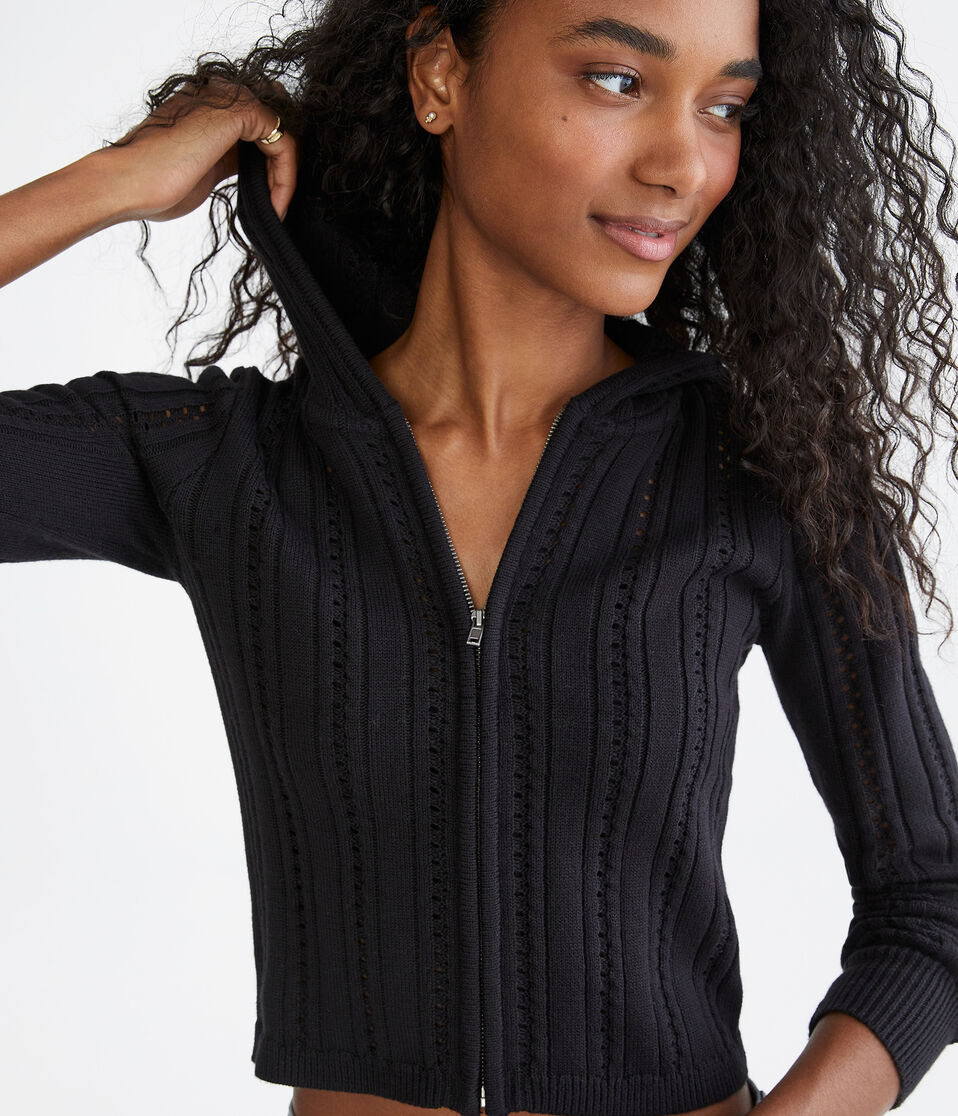 Pointelle Cropped Zip-Front Hooded Sweater - Main Image