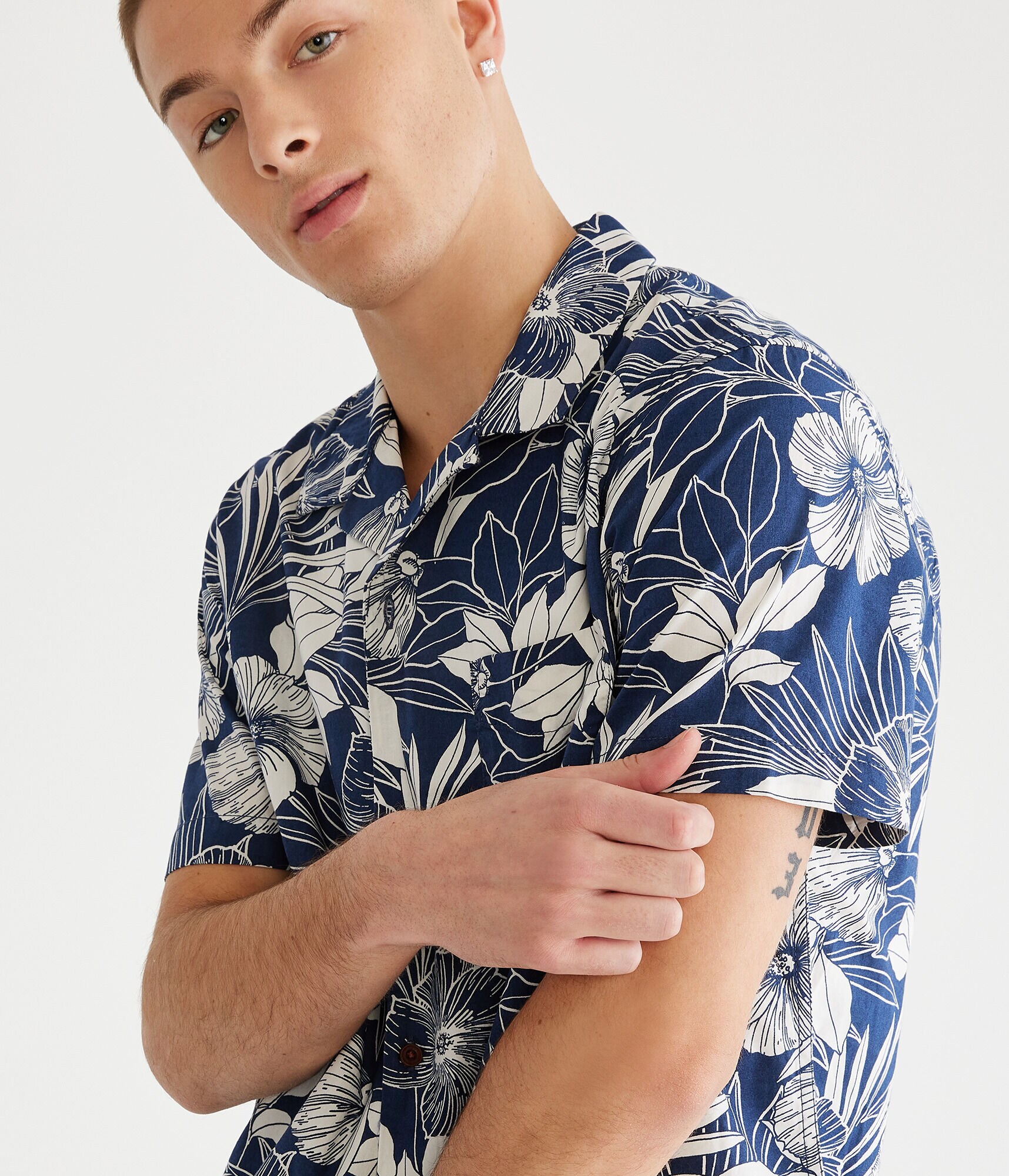 Tropical Floral Button-Down Camp Shirt