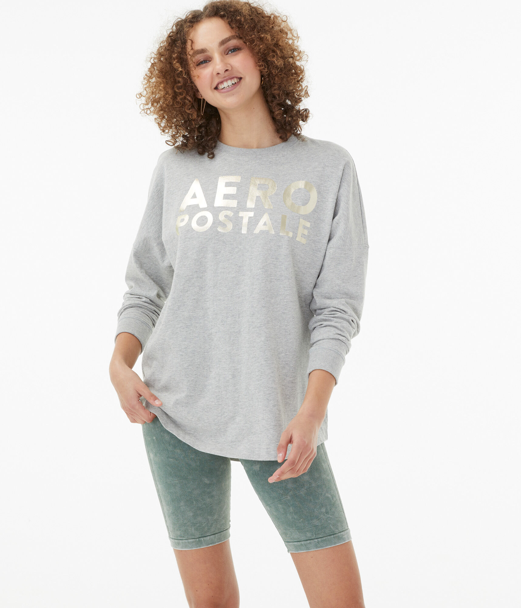 Long Sleeve Aeropostale Foil Oversized Graphic Tee