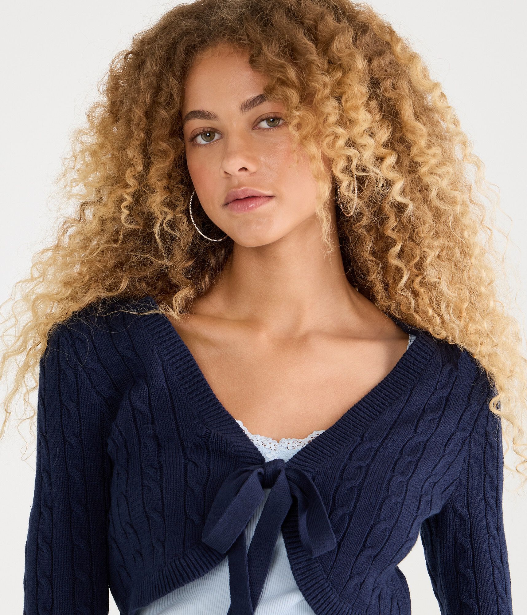 Long Sleeve Cable Tie-Front Sweater Shrug
