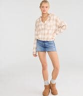 Long Sleeve Cinched Hem Plaid Flannel Shirt