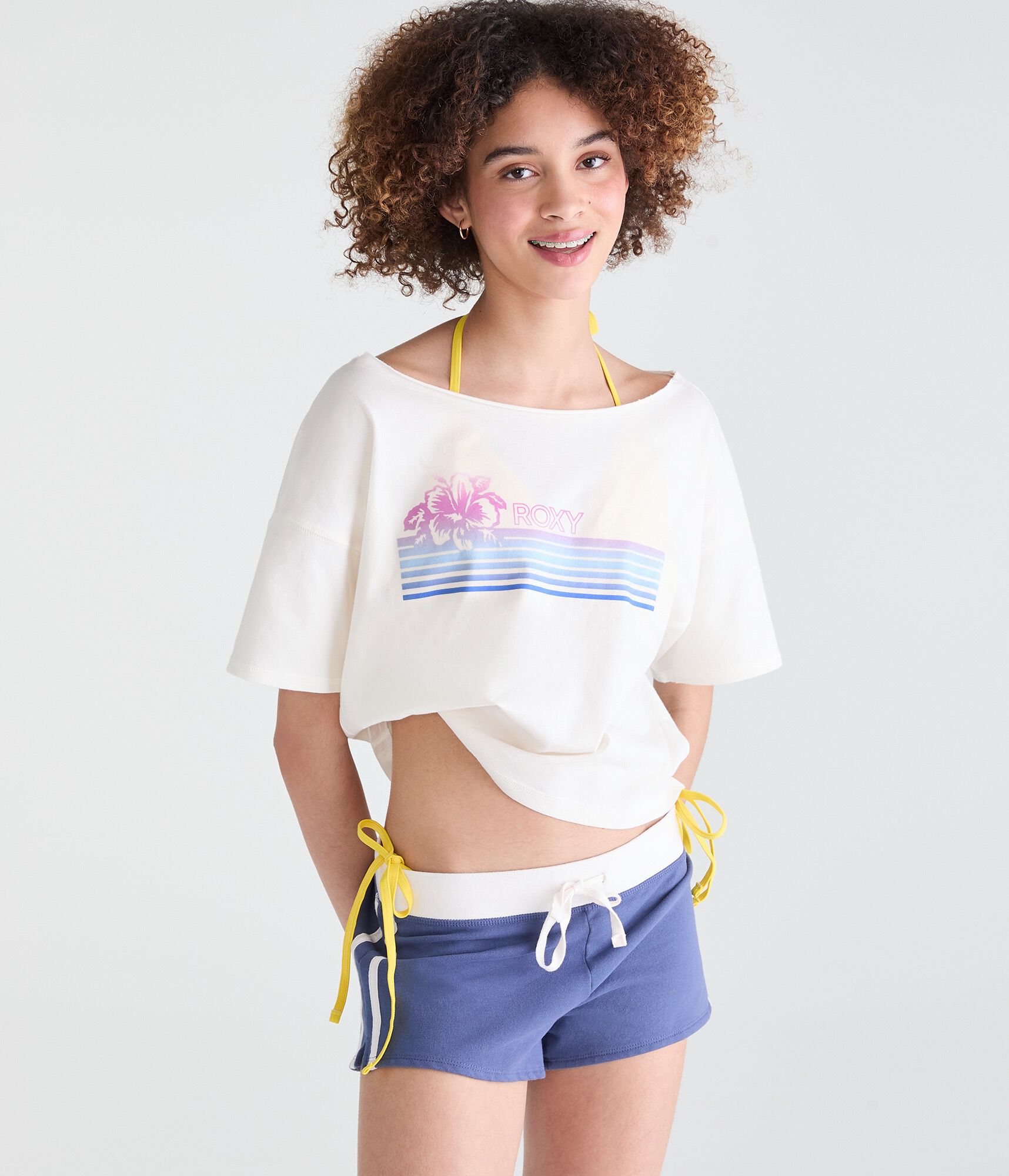 Roxy Hibiscus Stripes Off-The-Shoulder Boyfriend Graphic Tee