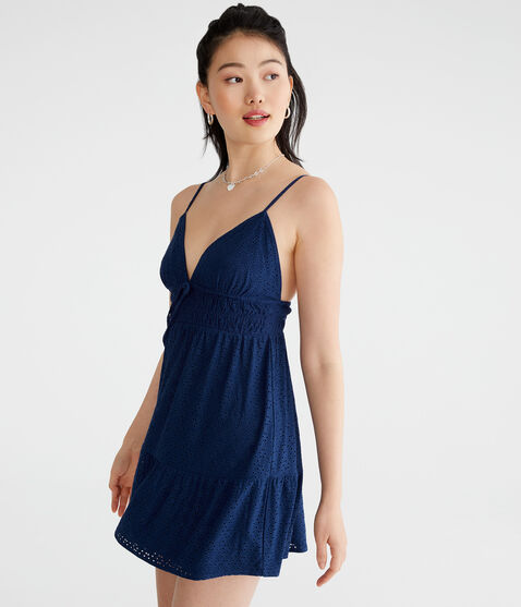 Solid V-Neck Eyelet Babydoll Dress