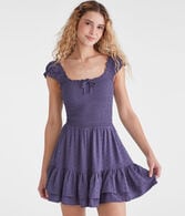 Solid Square-Neck Textured Dot Fit & Flare Dress