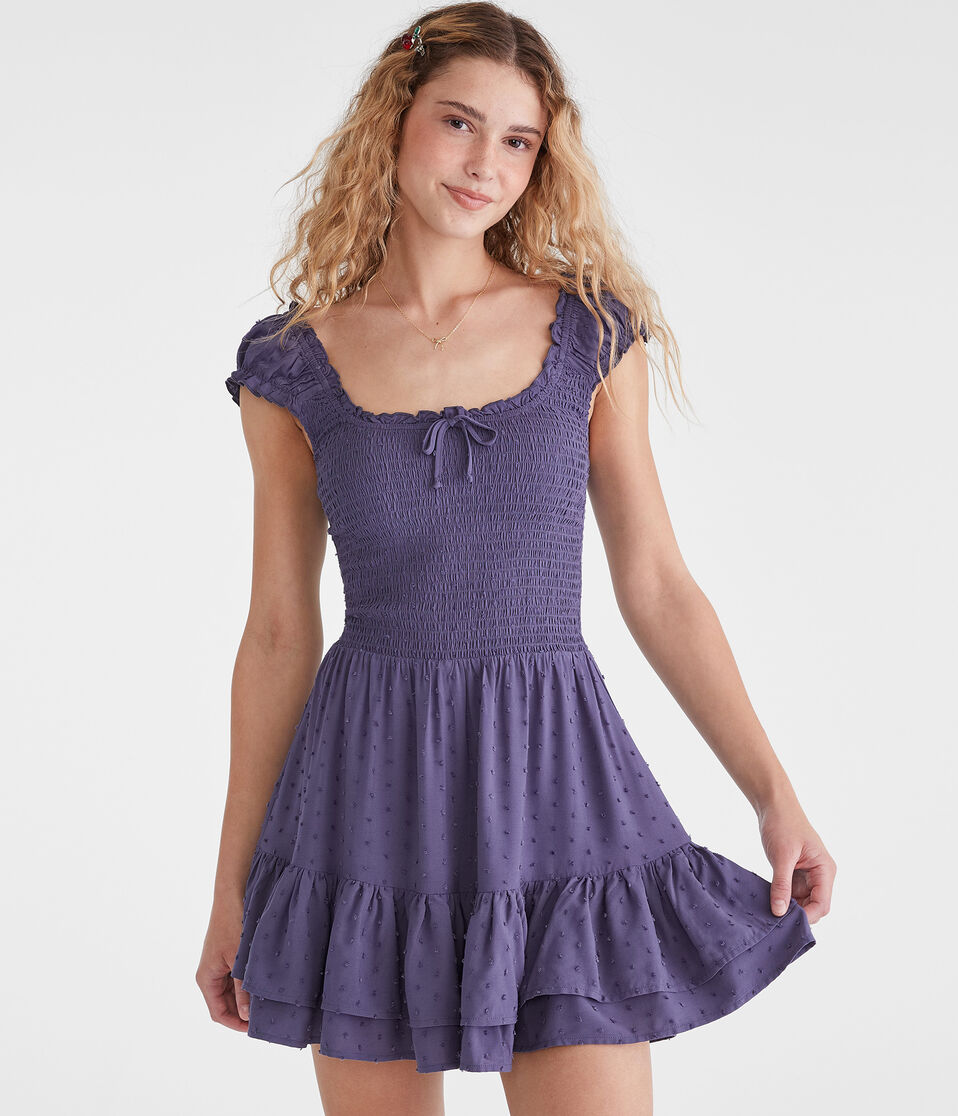 Solid Square-Neck Textured Dot Fit & Flare Dress