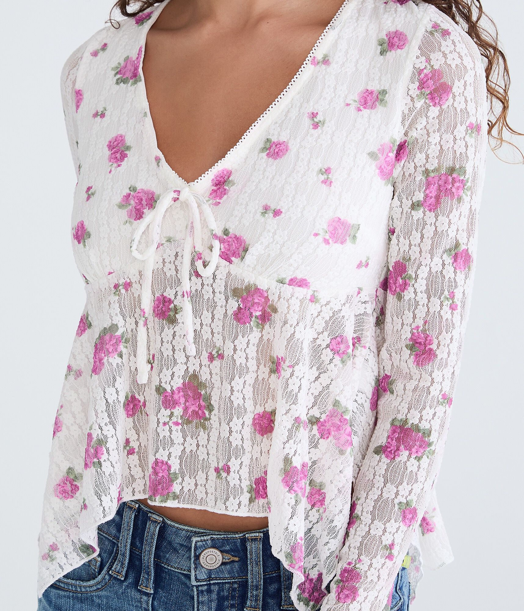 Long Sleeve Floral Textured Cropped V-Neck Babydoll Top