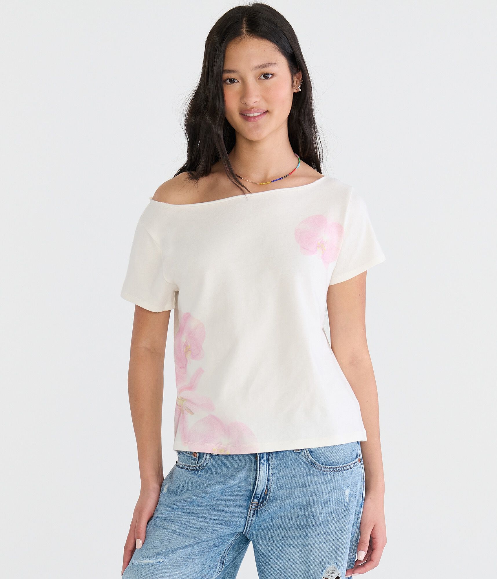 Seriously Soft Faded Flowers Off-The-Shoulder Vintage Fit Tee