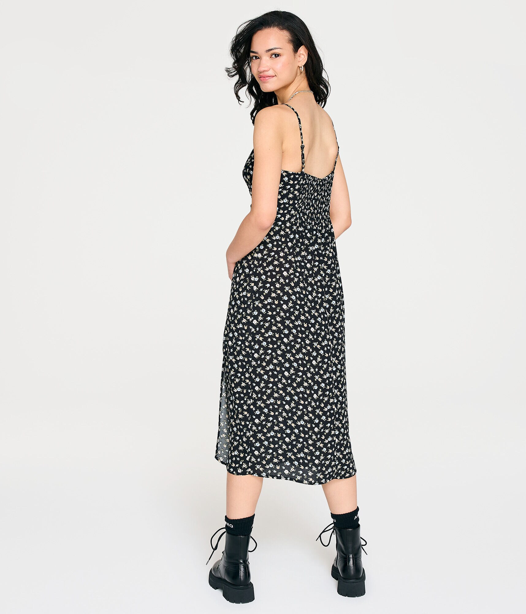 Floral Notch-Neck Ruched Midi Dress