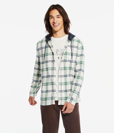 Long Sleeve Plaid Flannel Hooded Button-Down Shirt Long Sleeve Plaid Flannel Hooded Button-Down Shirt