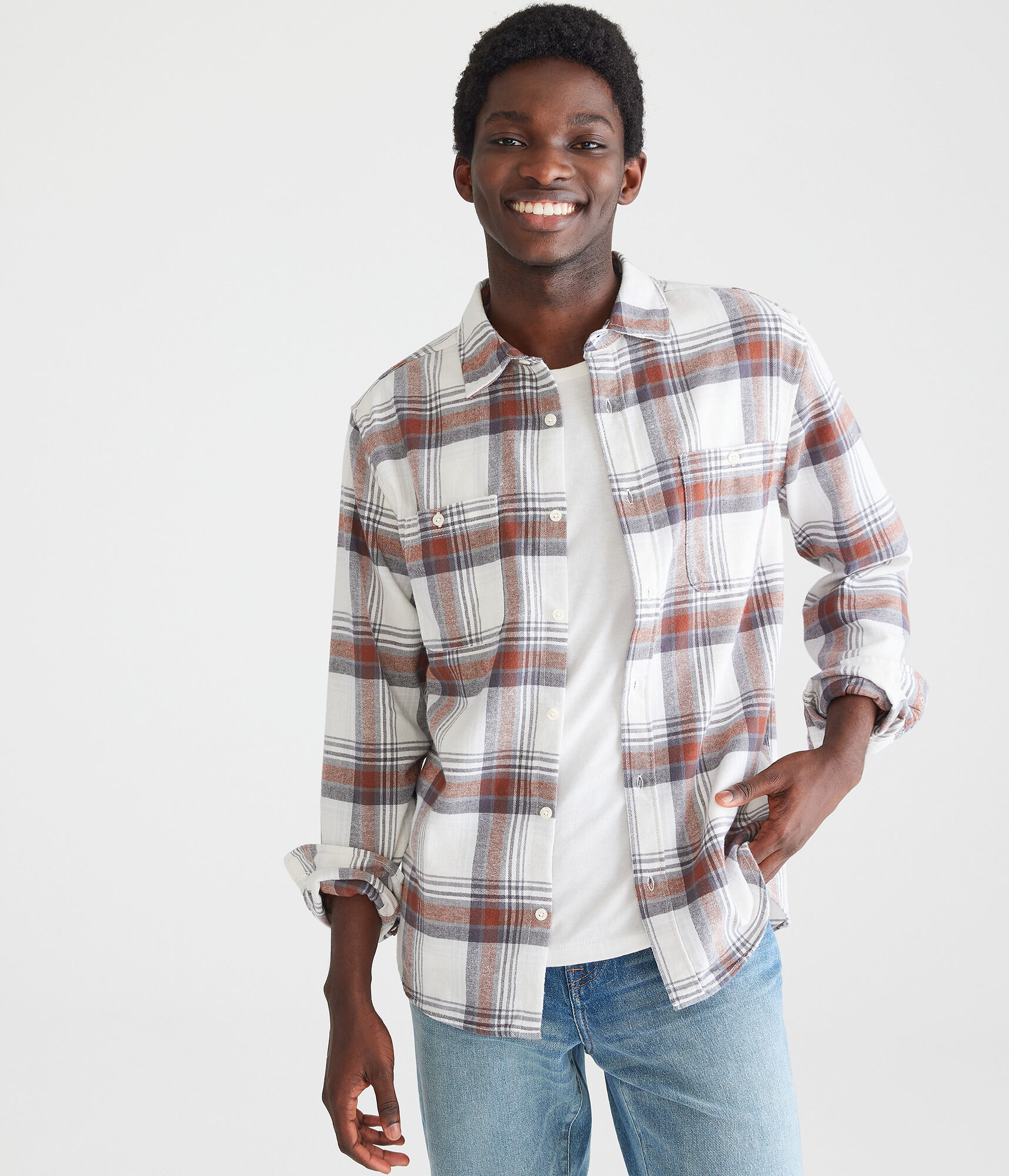 Long Sleeve Relaxed Washed Plaid Flannel Shirt