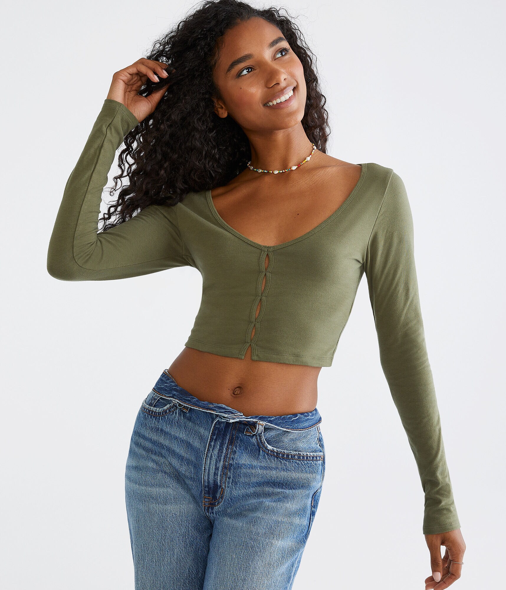 Long Sleeve Peekaboo Cutout Cropped Top