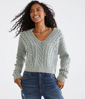 Slouchy Cable-Knit Cropped V-Neck Sweater