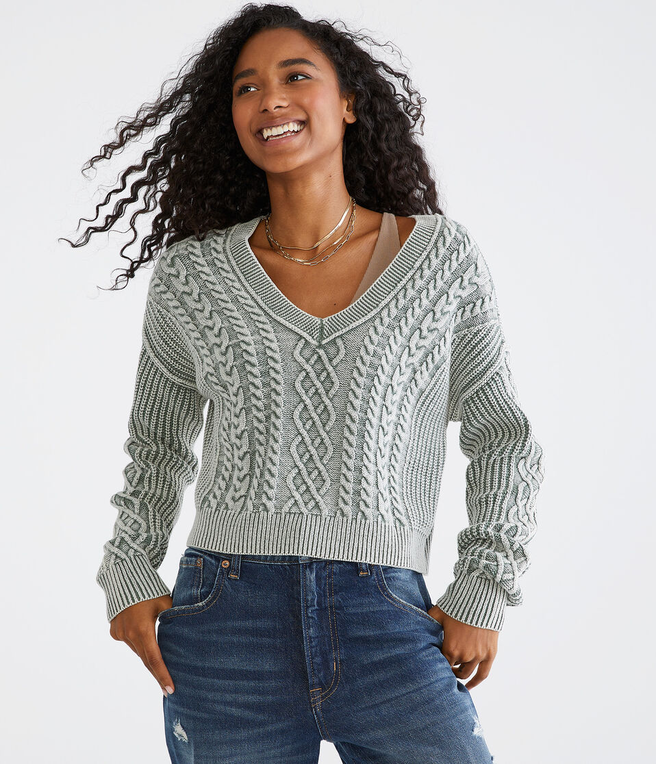 Slouchy Cable-Knit Cropped V-Neck Sweater