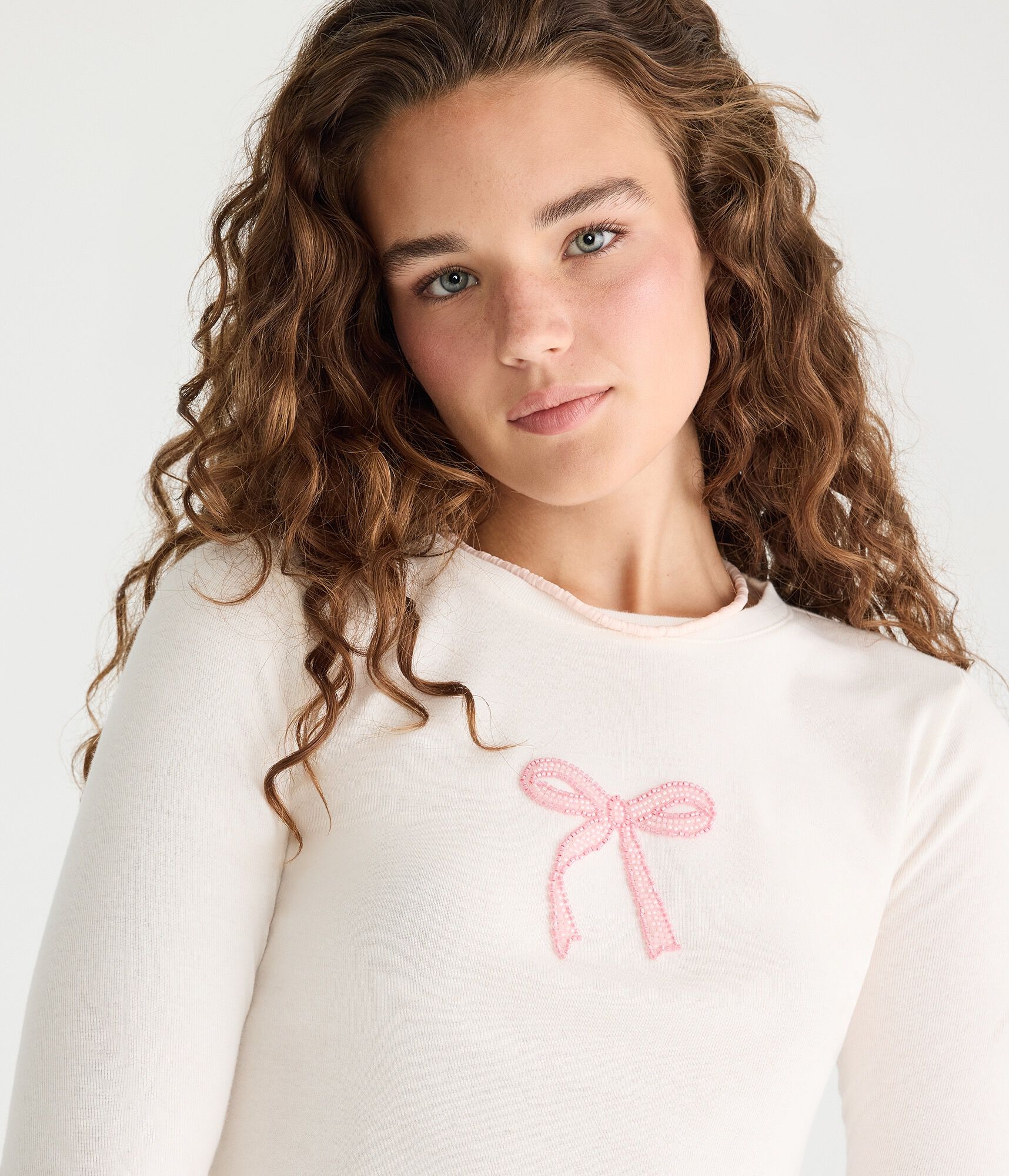 Long Sleeve Beaded Bow Top