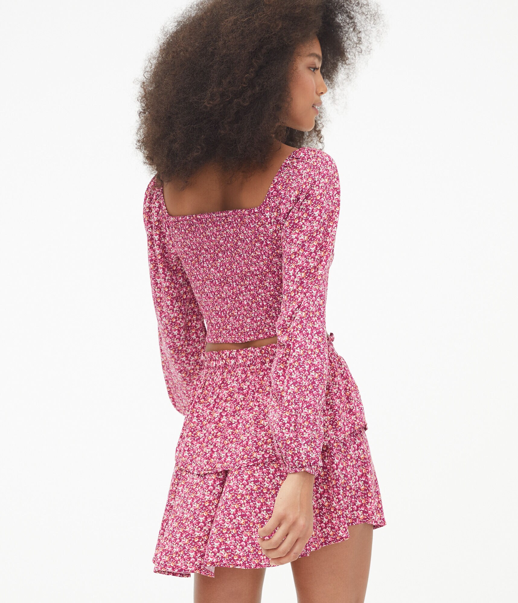 Long Sleeve Floral Boho Cinch-Front Crop Top