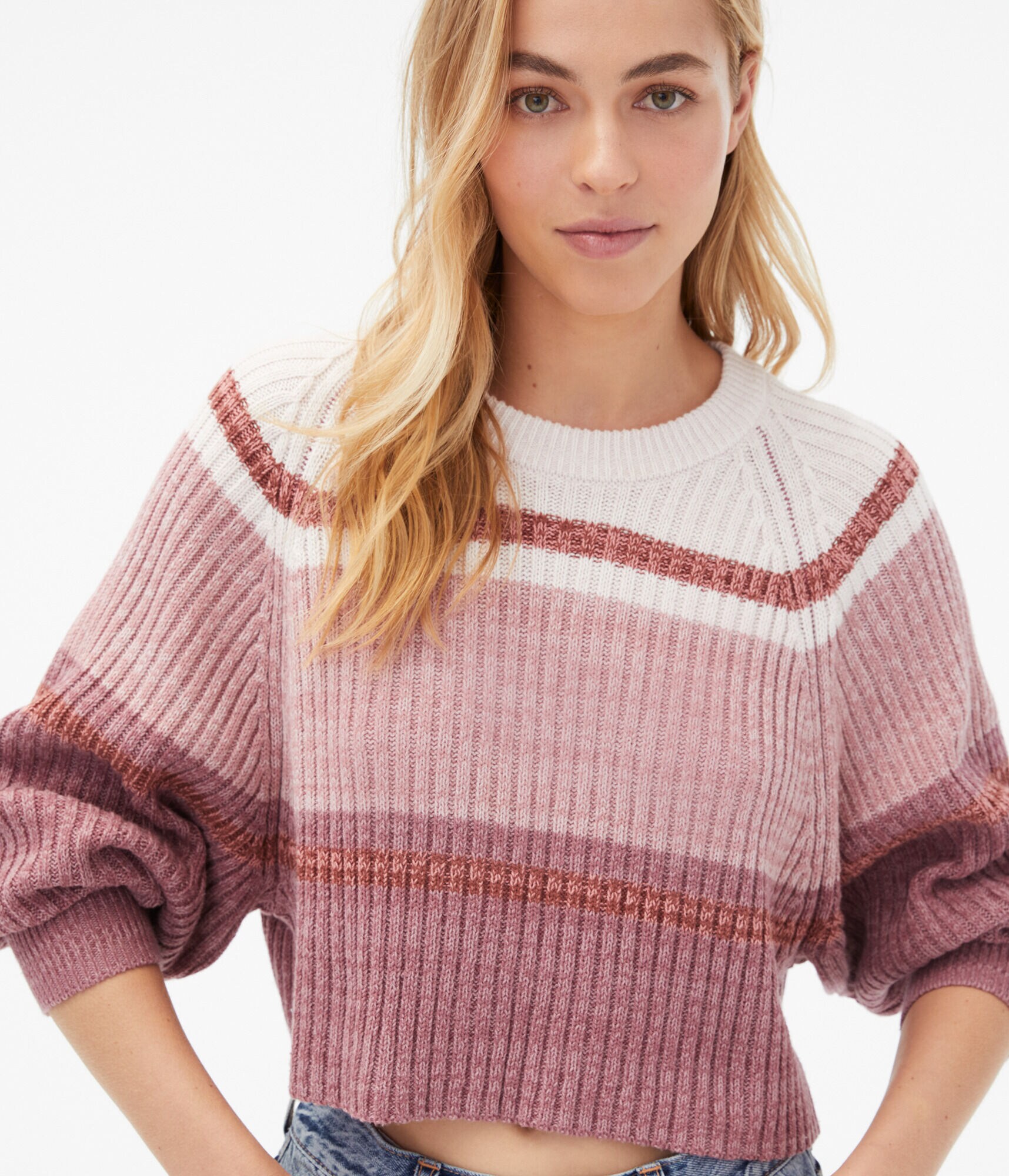 Blocked Stripe Cropped Crew Sweater