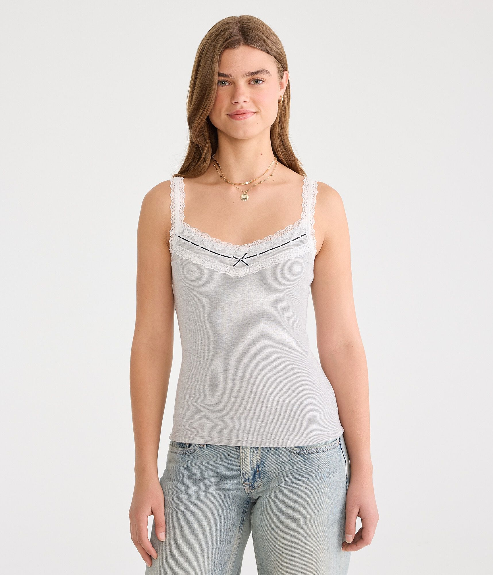 Ribbon &amp; Lace Scoop-Neck Tank
