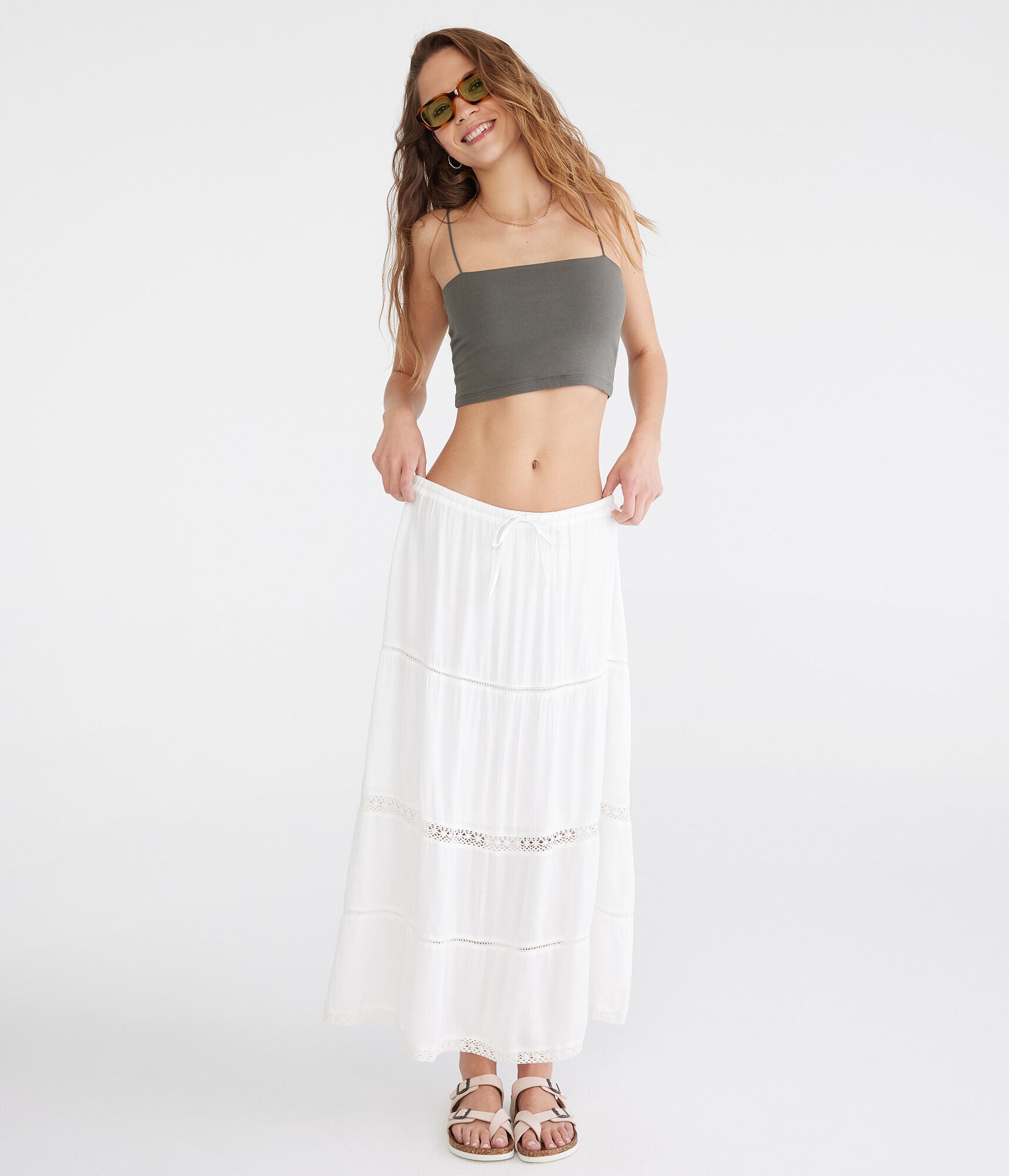Crinkle Lace-Trim Maxi Skirt