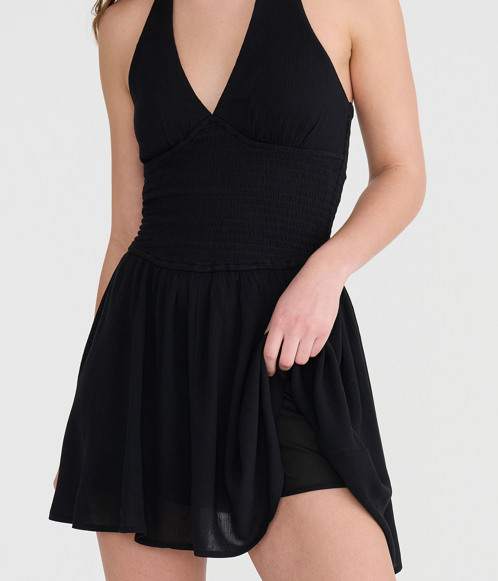 Solid V-Neck Halter Mini Dress