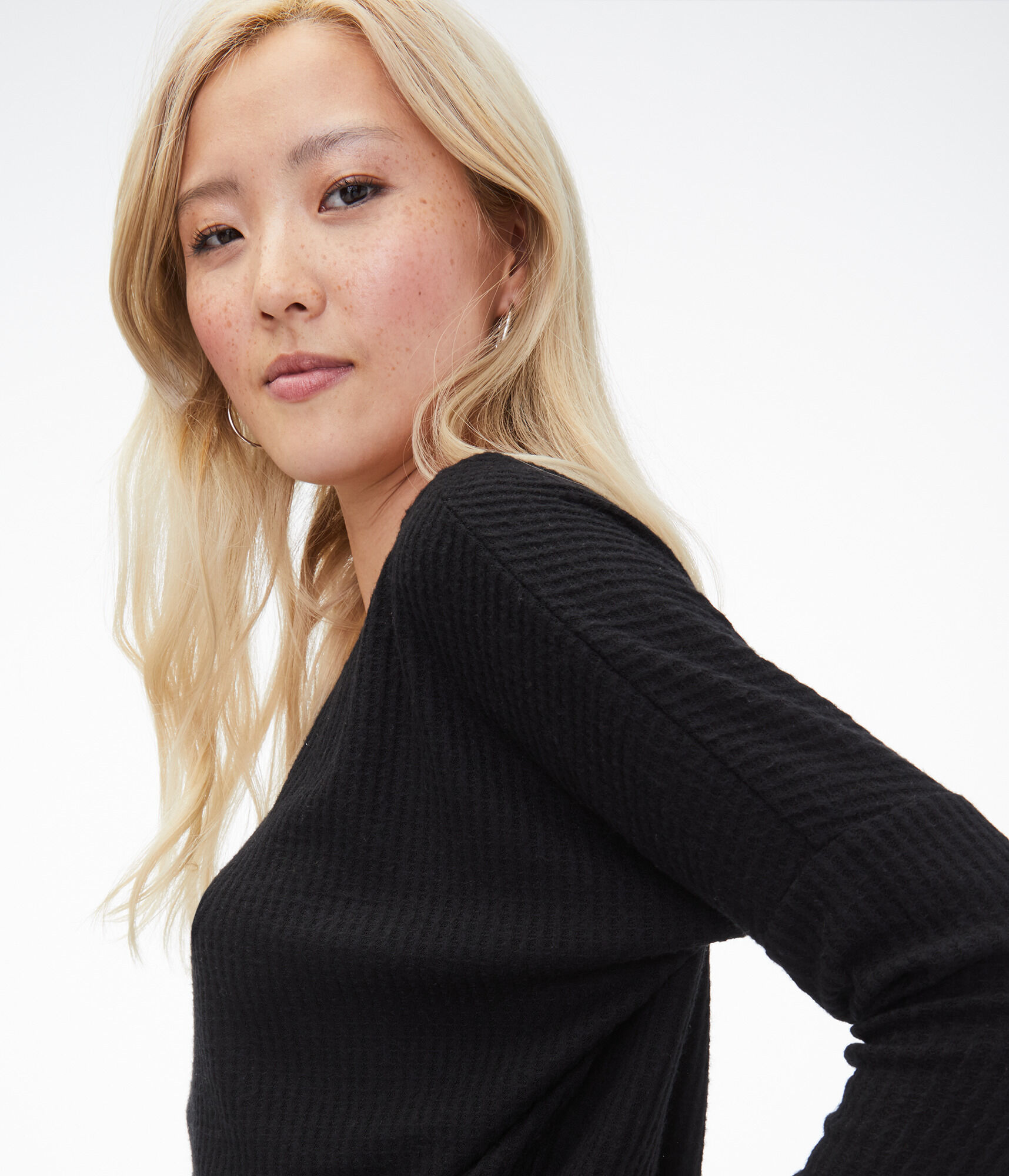 Long Sleeve Waffle-Knit Boat-Neck Top