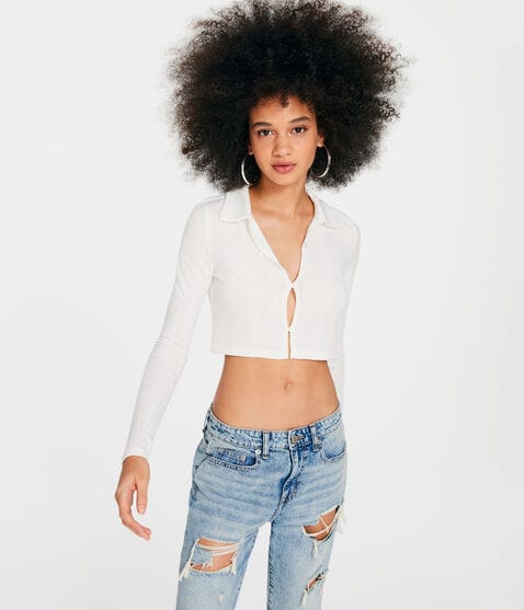 Long Sleeve Collared Crop Top Long Sleeve Collared Crop Top