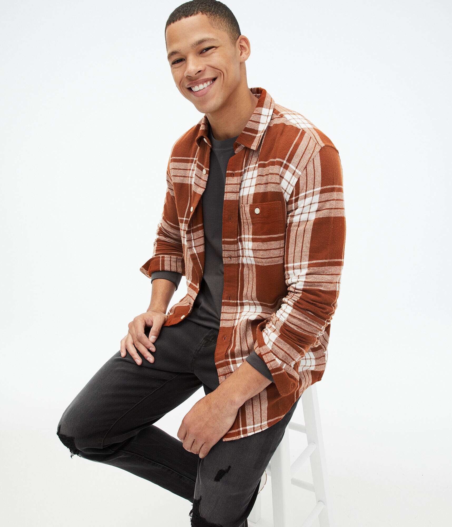 Long Sleeve Windowpane Plaid Flannel Button-Down Shirt