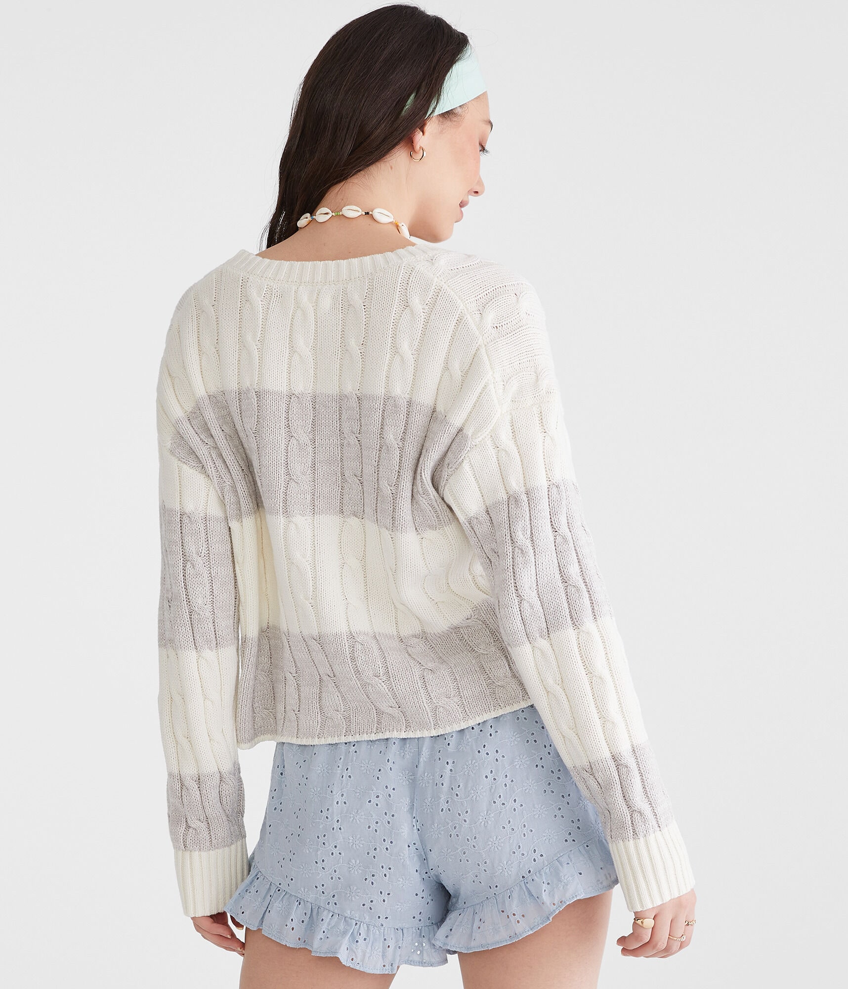 Striped Cable Cropped Crew Sweater