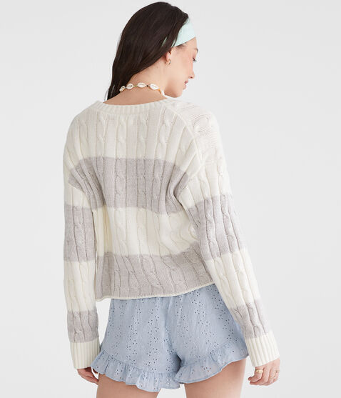 Striped Cable Cropped Crew Sweater Striped Cable Cropped Crew Sweater