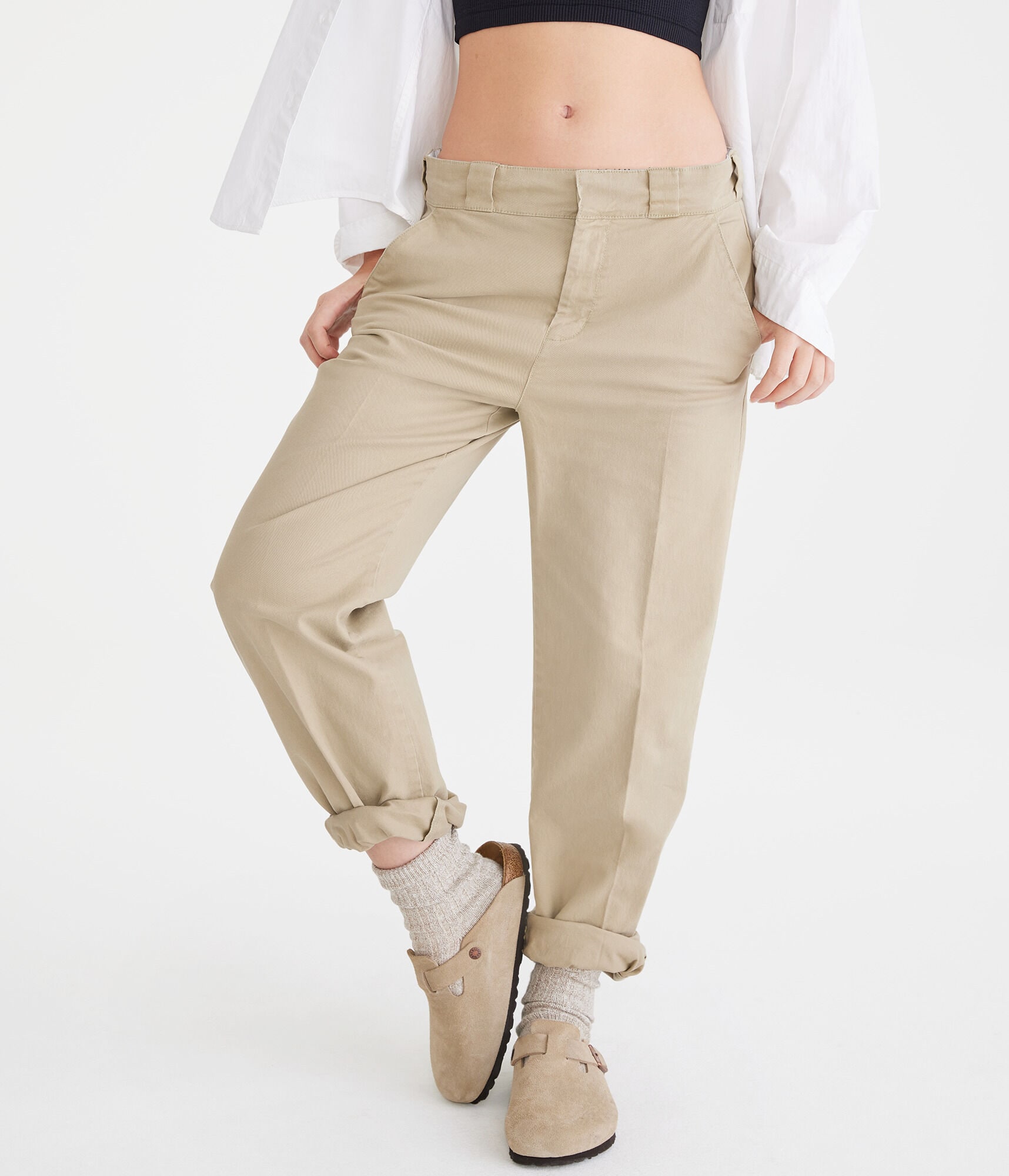 Fold-Over Waistband Straight Stretch Twill Pants