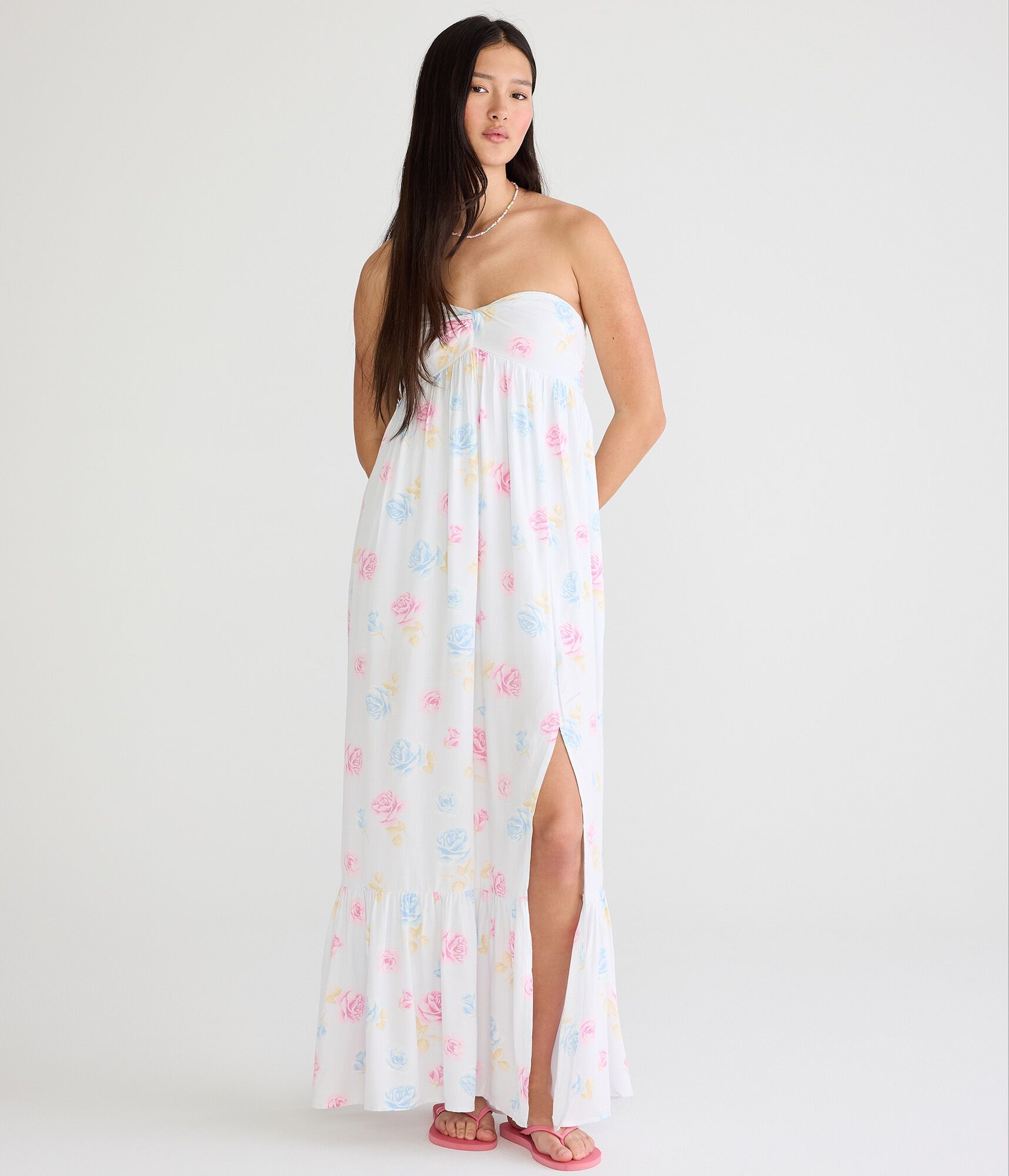 Floral Strapless Twist-Front Maxi Dress