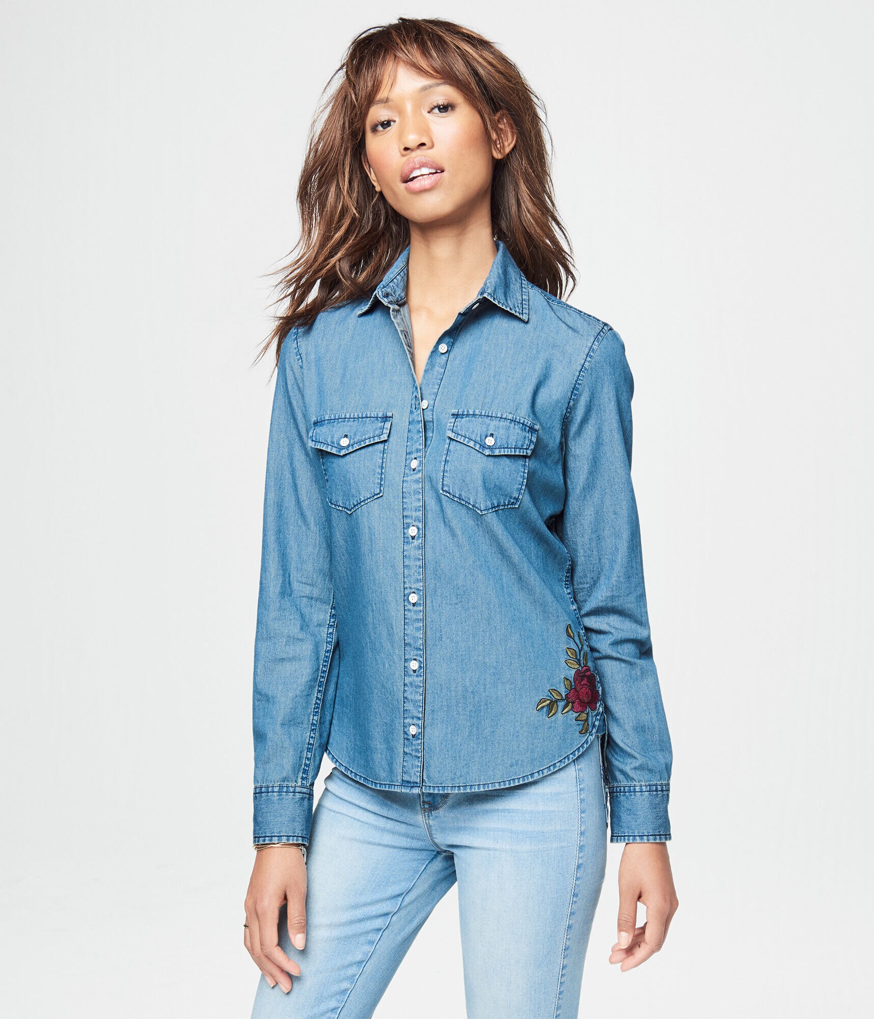 Floral Embroidered Chambray Top