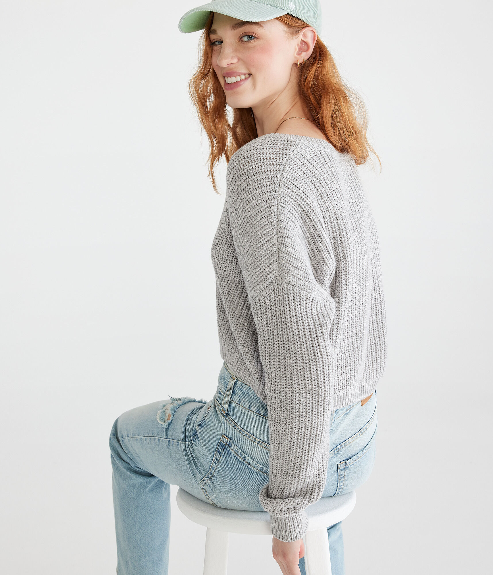 Shaker Stitch Cropped V-Neck Sweater