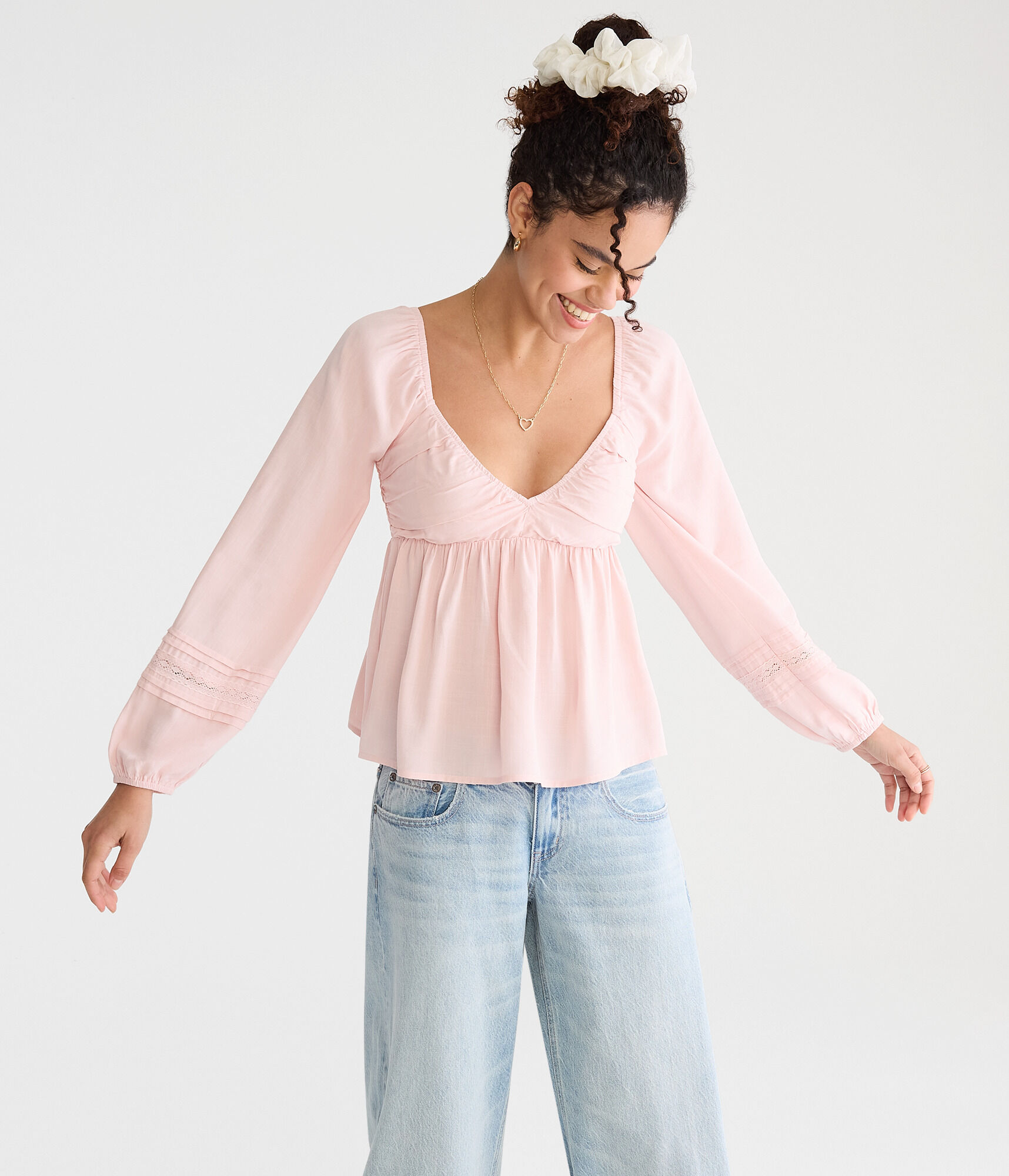 Long Sleeve Lace & Pleats V-Neck Peasant Top
