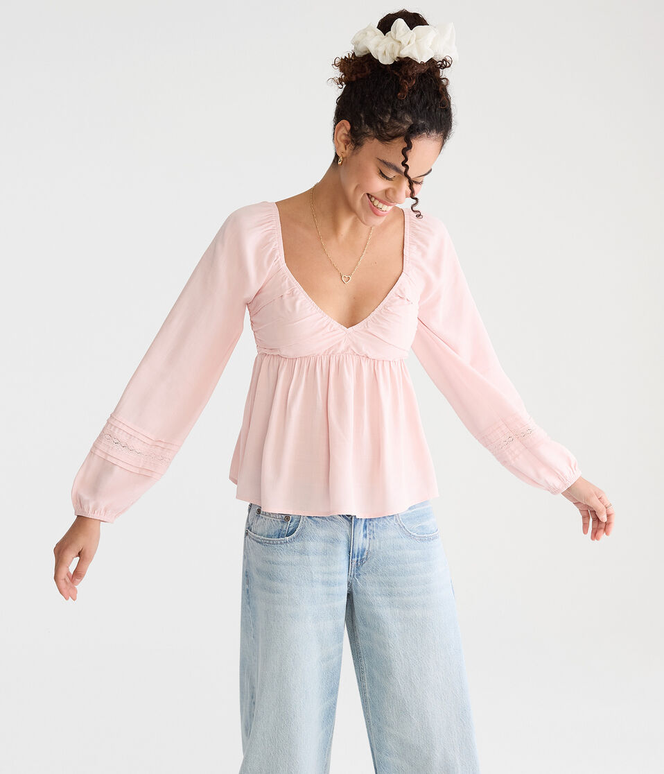 Long Sleeve Lace & Pleats V-Neck Peasant Top